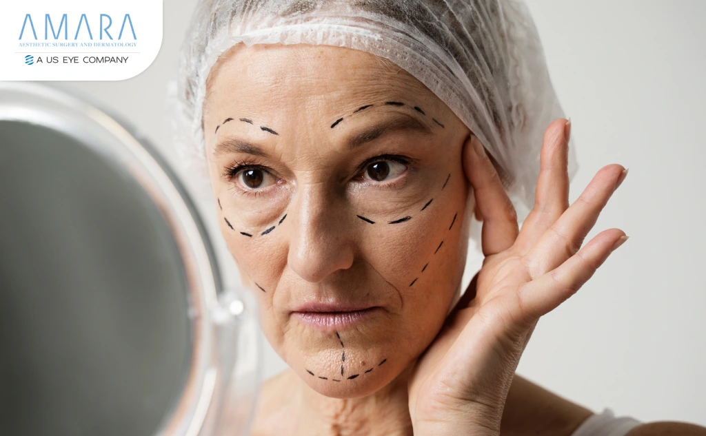 Women checking in a mirror Facial cosmetic surgery marks before care