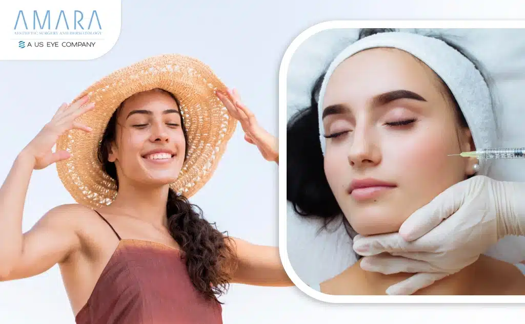Smiling woman in a sun hat next to a patient receiving a facial treatment.
